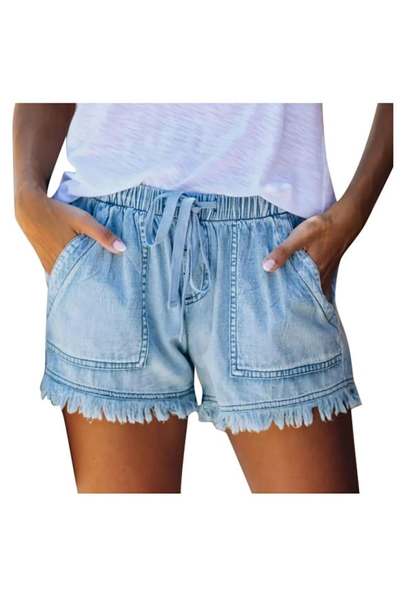 Shorts for Women Summer High Waisted Elastic Waistline Drawstring Frayed Fringe Hem Jean Shorts Casual Stretchy Denim Shorts With Pocket