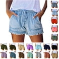 thumbnail image 1 of Npasoilc Shorts for Women Summer High Waisted Elastic Waistline Drawstring Frayed Fringe Hem Jean Shorts Casual Stretchy Denim Shorts With Pocket, 1 of 7