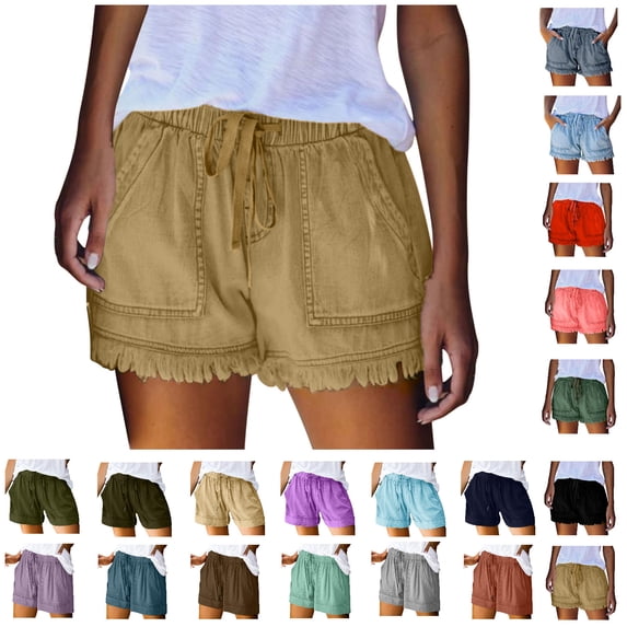 Npasoilc Shorts for Women Summer High Waisted Elastic Waistline Drawstring Frayed Fringe Hem Jean Shorts Casual Stretchy Denim Shorts With Pocket