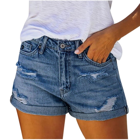 Npasoilc Shorts for Women Summer High Waisted Ripped Frayed Folded Hem Jean Shorts Solid Color Casual Loose Denim Hot Shorts With Pocket