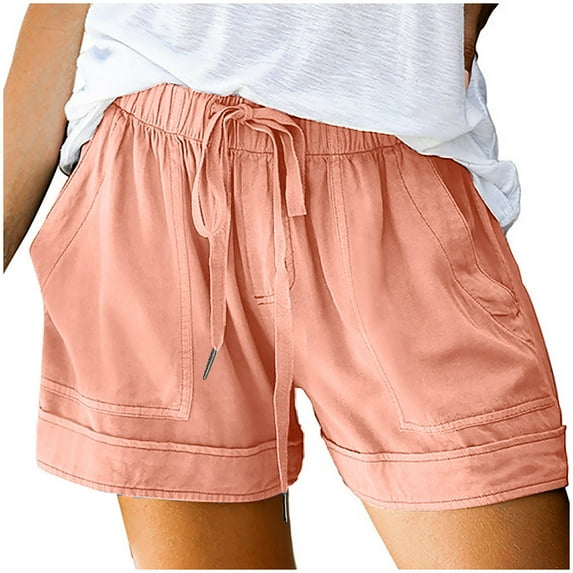 Npasoilc Shorts for Women Summer Plus Size Mid Waisted Comfy Drawstring Elastic Waist Solid Color Beach Lightweight Casual Loose Short with Pockets