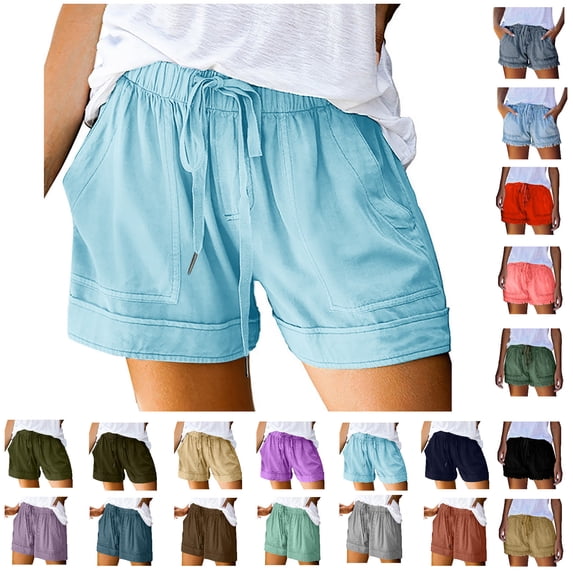 Npasoilc Shorts for Women Summer Plus Size Mid Waisted Comfy Drawstring Elastic Waist Solid Color Beach Lightweight Casual Loose Short with Pockets