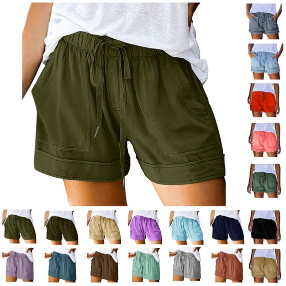 Npasoilc Shorts for Women Summer Plus Size Mid Waisted Comfy Drawstring Elastic Waist Solid Color Beach Lightweight Casual Loose Short with Pockets