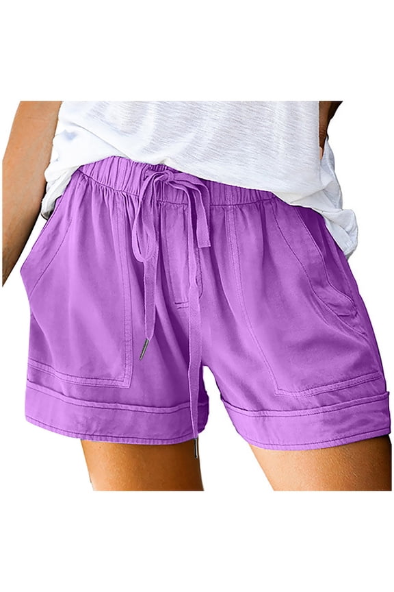 Shorts for Women Summer Plus Size Mid Waisted Comfy Drawstring Elastic Waist Solid Color Beach Lightweight Casual Loose Short with Pockets