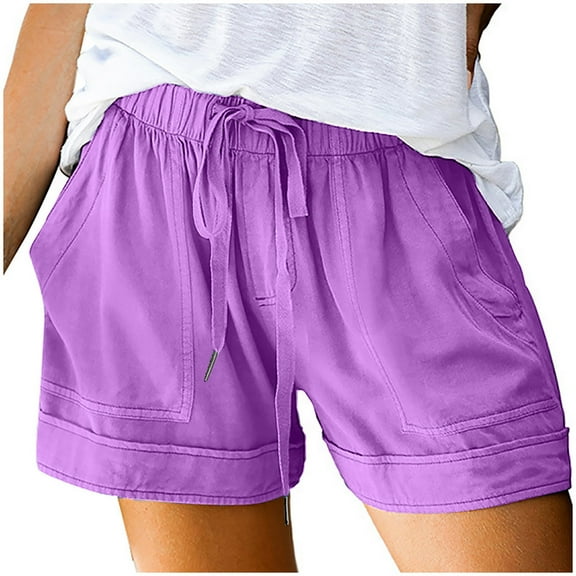 Npasoilc Shorts for Women Summer Plus Size Mid Waisted Comfy Drawstring Elastic Waist Solid Color Beach Lightweight Casual Loose Short with Pockets