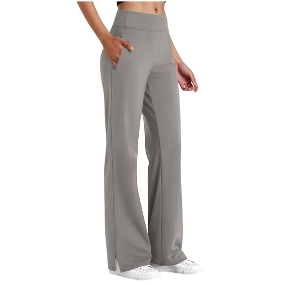 Npasoilc Side Slit Yoga Pants for Women Solid Color Elastic High Waist Leggings Sports Trousers with Pocket,Dark Gray