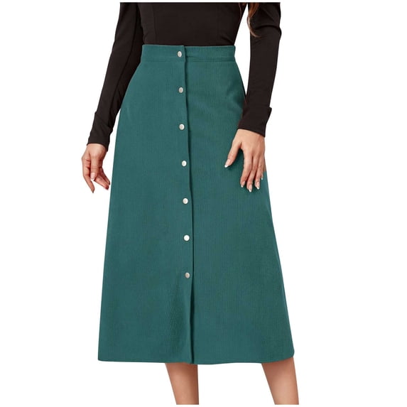 Npasoilc Single Button High Waist Corduroy Mid Calf Skirt for Women Solid Color Half Skirt