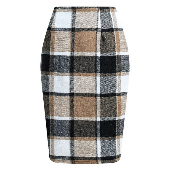 Npasoilc Skirts For Woman Casual High Elastic Waist Midi Plaid Skirts Fall Winter Knee Length Pencil Wool Skirt Long Skirts Maxi Skirt