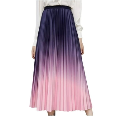 Npasoilc Skirts For Women Casual Gradient Pleated Elastic Waist A Line Midi Flared Skirt Trendy Knee Length Skirt Long Skirts