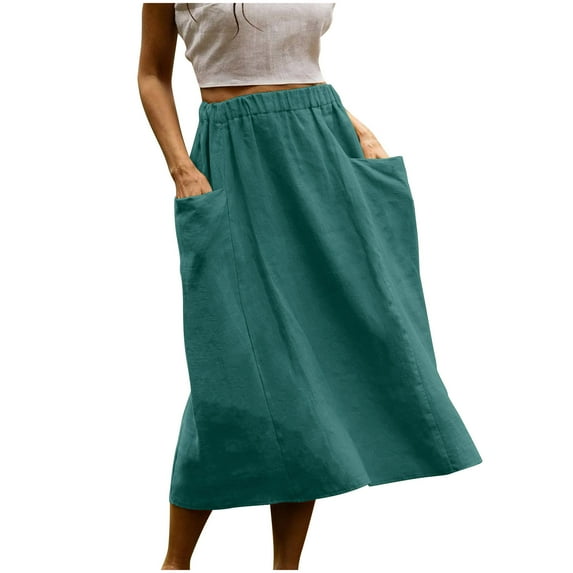 Npasoilc Skirts for Women 2024 Trendy Cotton Linen Elastic High Waist Draping Flowy Breathable Skirt Solid Color Casual Loose Skirt