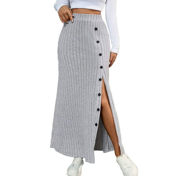 Npasoilc Skirts for Women Trendy Knitted High Waist Stretchy Button Down Decorated Side Slit Skirt Solid Color Casual Slim- Skirt