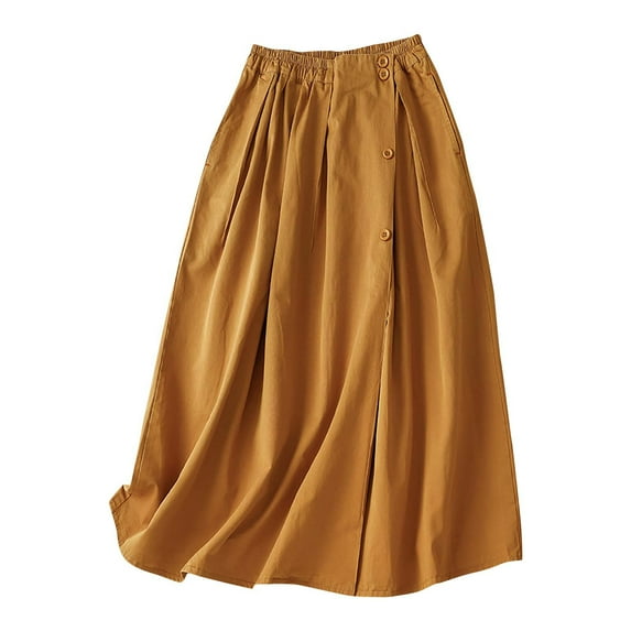 Npasoilc Skirts for Women Elastic Button High Waist Splicing A-Line Ruffle Draping Hem Solid Color Casual Loose Skirt