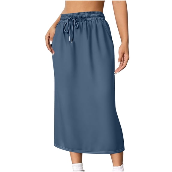 Npasoilc Skirts for Women Elastic High Waist Button Side Slit Drawstring Skirt Casual butt-wrap Mid-Length Skirts with Pockets