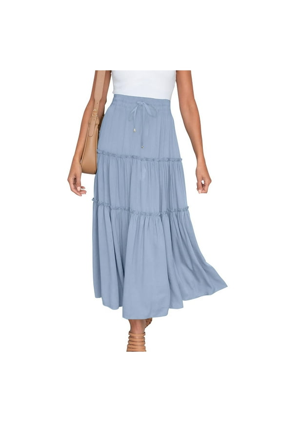 Skirts for Women High Waisted Elastic Drawstring Tiered Pleated Ruffle Flowy Hem Long Skirt