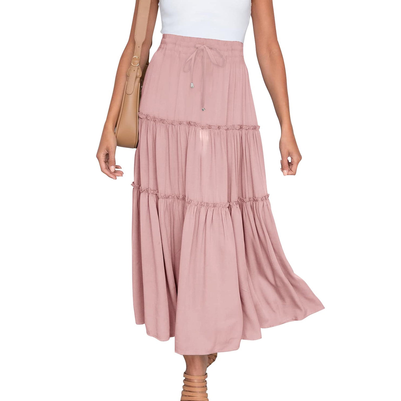 Npasoilc Skirts for Women High Waisted Elastic Drawstring Tiered