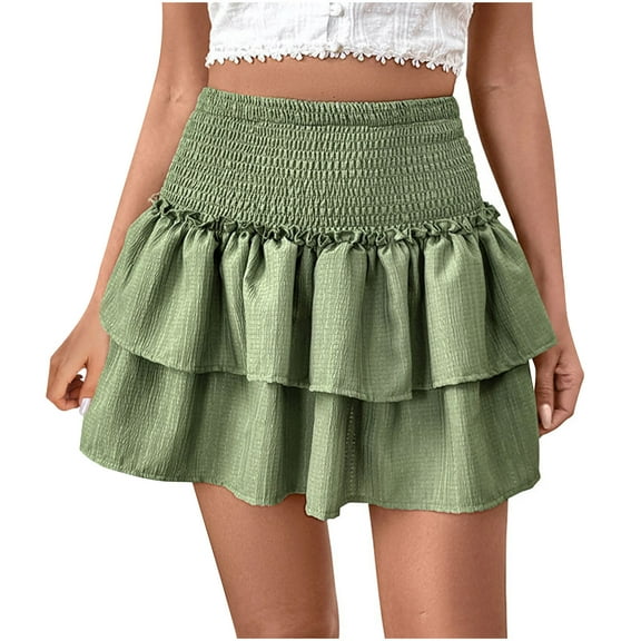 Npasoilc Skirts for Women High Waisted Pleated Tiered Ruffle Hem Skirts Soft Lightweight Stretchy Skirts Casual Loose Mini Skirts