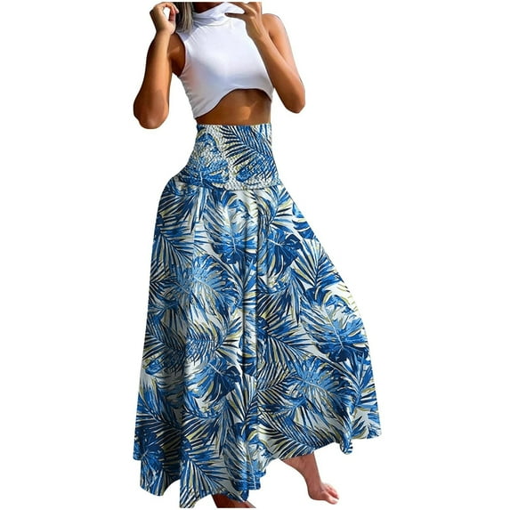 Npasoilc Skirts for Women Summer Trendy High Waisted Stretchy Tummy Control A-Line Pleated Flowy Hem Floral Printed Casual Slimming Maxi Skirt
