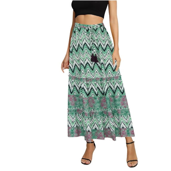 Npasoilc Skirts for Women Trendy Elastic High Waist Ruffle Flowy Hem Vacation Breathable Boho A-Line Skirt Floral Printed Casual Beach Skirt