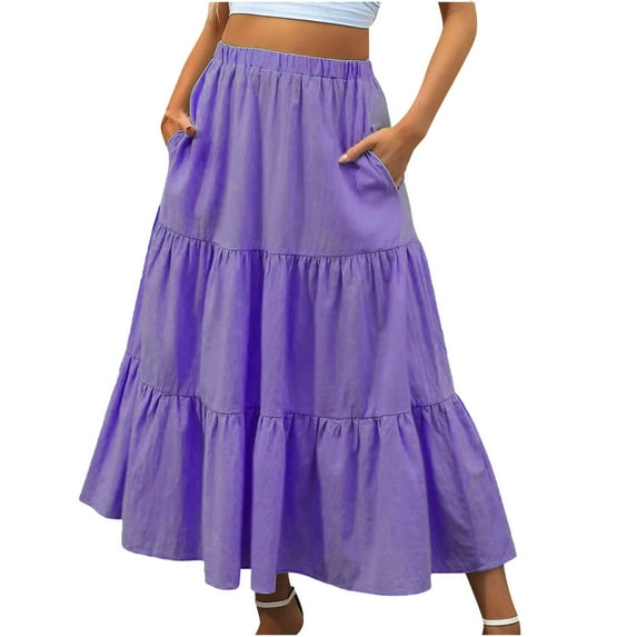 Npasoilc Skirts for Women Trendy Elastic High Waist Tiered Ruffle Hem Pleated A-Line Skirt Solid Color Casual Beach Skirt