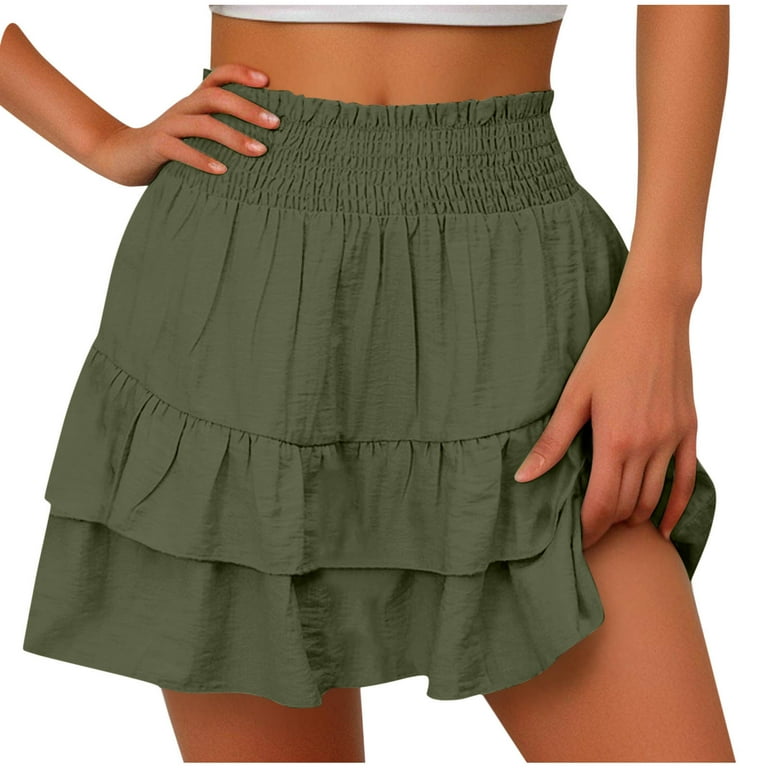 Npasoilc Skirts for Women Trendy Elastic High Waist Tiered Ruffle Hem Pleated A Line Skirt Solid Color Casual Mini Skirt