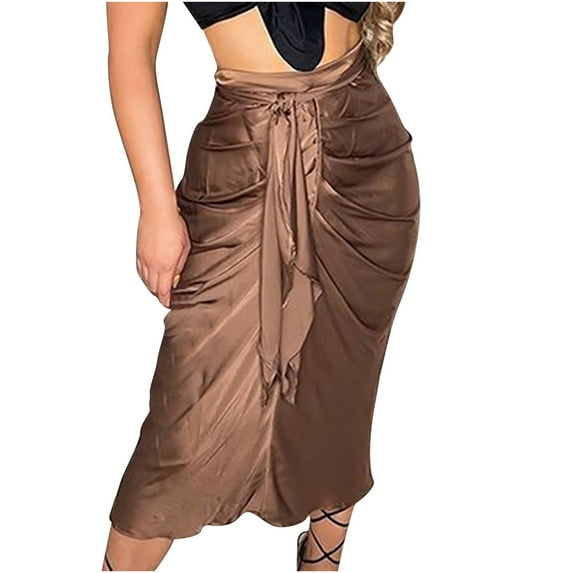 Npasoilc Skirts for Women Trendy High Waist Bandage Lace-Up Pleated Hip Wrapped Skirt Solid Color Casual Lightweight Slim-Fit Skirt