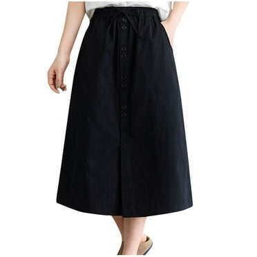 Npasoilc Skirts for Women Vintage Cotton Drawstring Elastic High Waist Button Down Front Slit A-Line Skirt Solid Color Casual Loose Skirt