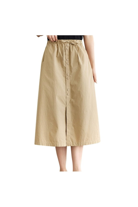 Skirts for Women Vintage Cotton Drawstring Elastic High Waist Button Down Front Slit A-Line Skirt Solid Color Casual Loose Skirt