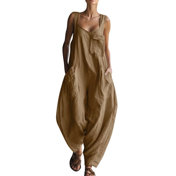 Npasoilc Sleeveless Overalls Jumpsuits for Women Crew Neck Loose Wide Leg Long Pants with Multiple Pockets Casual Summer Vacation