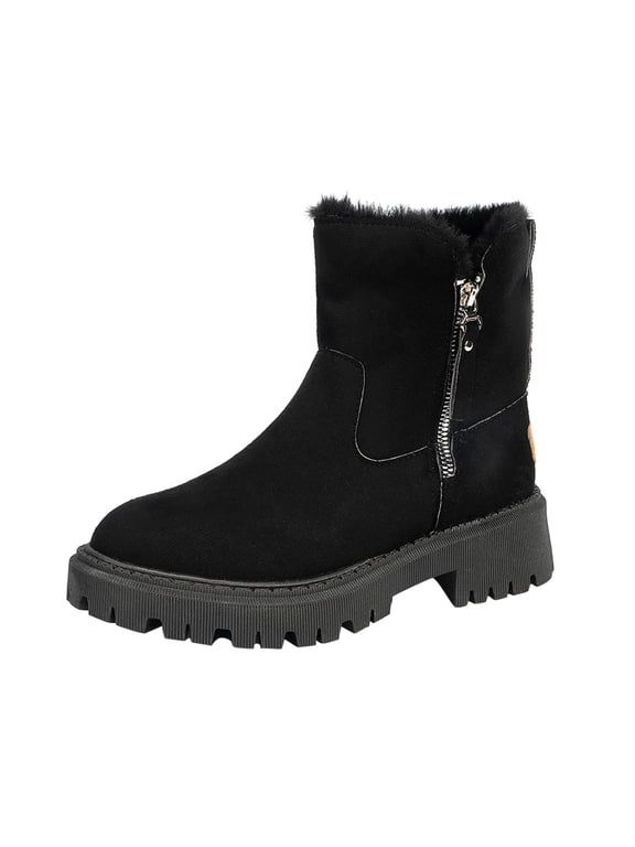 Snow Boots for Women with Side Zipper,Mid-Calf Winter Boots with Fluff,Fleece,and Fur-Lined Casual Boots