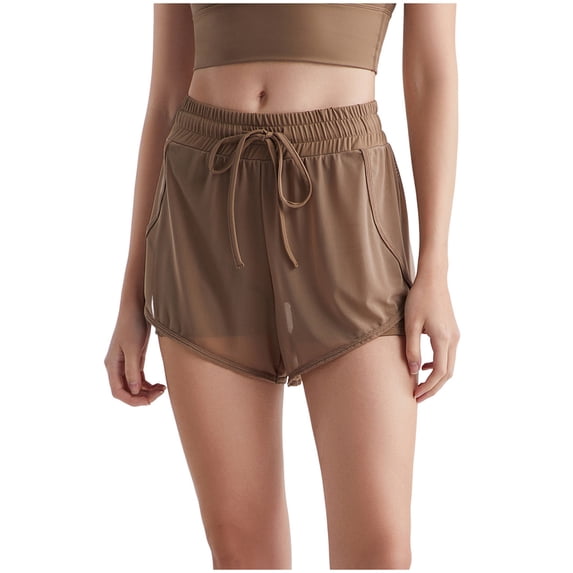Npasoilc Sports Shorts for Women Drawstring High Waisted Elastic Waist Mesh Fake Two Piece Yoga Shorts With Pockets
