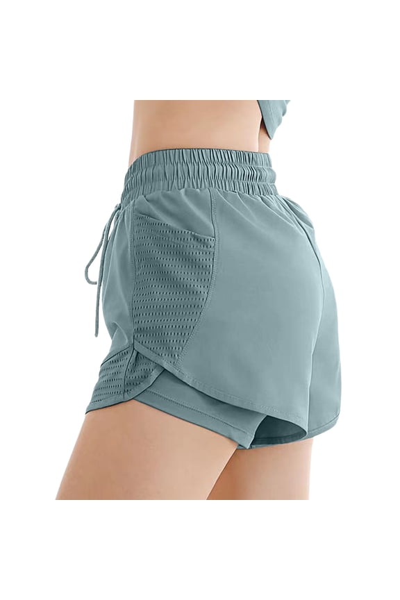 Sports Shorts for Women Drawstring Quick Dry Modesty Lining Fake Two Piece Mesh Running Outdoor Shorts