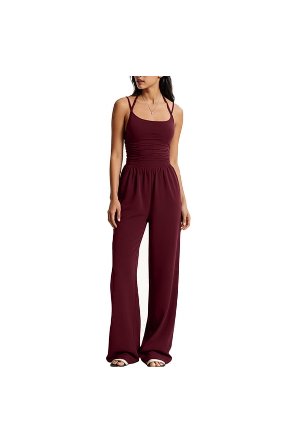 Strapless Waist Cinching Wide Leg Long Jumpsuits for Women Crew Neck Sleeveless Solid Color Pants