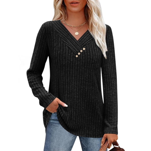 Npasoilc Striped Knitted Sweaters for Women Cross Button V-Neck Long Sleeve Blouse Lightweight Comfy Fall Winter Outfits Casual Loose Base T-Shirts
