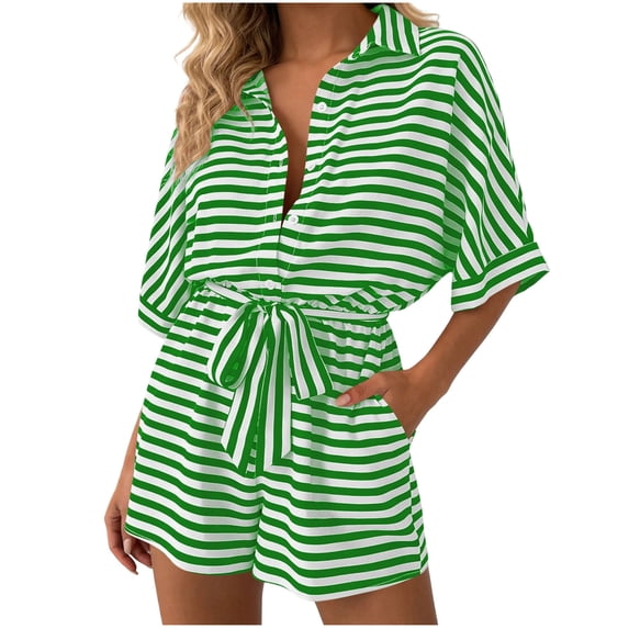 Npasoilc Striped V-Neck Button Belt Short Jumpsuits for Women Mid Length Sleeve Summer Romper