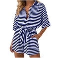 thumbnail image 1 of Npasoilc Striped V-Neck Button Belt Short Jumpsuits for Women Mid Length Sleeve Summer Romper, 1 of 6