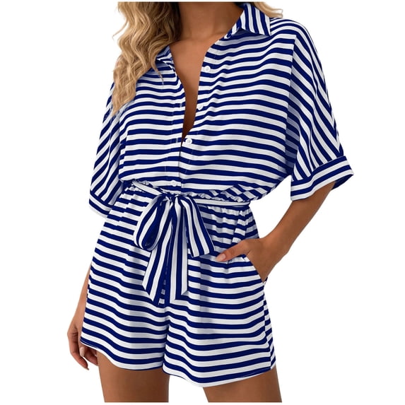 Npasoilc Striped V-Neck Button Belt Short Jumpsuits for Women Mid Length Sleeve Summer Romper