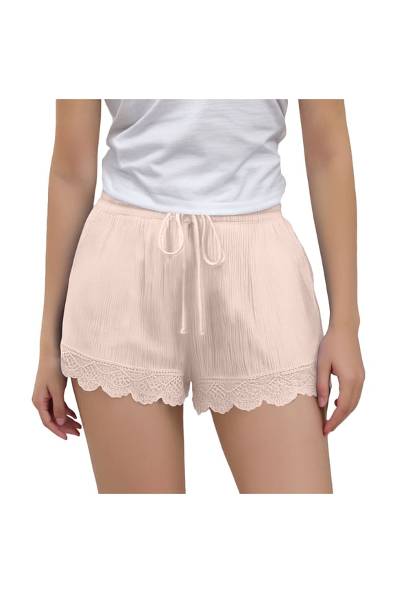 Summer Cotton Linen Shorts for Teenage Girls Lace Patchwork Hem Shorts Drawstring Elastic Waist Mini Shorts Soft Breathable Hot Shorts Casual Trendy Shorts