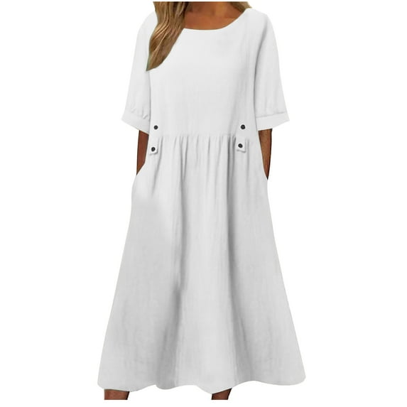 Npasoilc Summer Dresses For Women 2024 Maxi Dress Round Neck Cotton And Linen Dress With Pockets Beach Dress Sundress T Shirt Dress