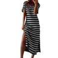 thumbnail image 1 of Npasoilc Summer Dresses For Women Short Sleeve V Neck Black And White Stripe Printed Side Slit Solid Color Casual Loose Maxi Dress, 1 of 4