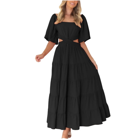 Npasoilc Summer Dresses For Women Square Neck Crossover Waist Ruffle Tiered Dress Backless Short Sleeve Maxi Dress