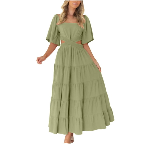 Npasoilc Summer Dresses For Women Square Neck Crossover Waist Ruffle Tiered Dress Backless Short Sleeve Maxi Dress