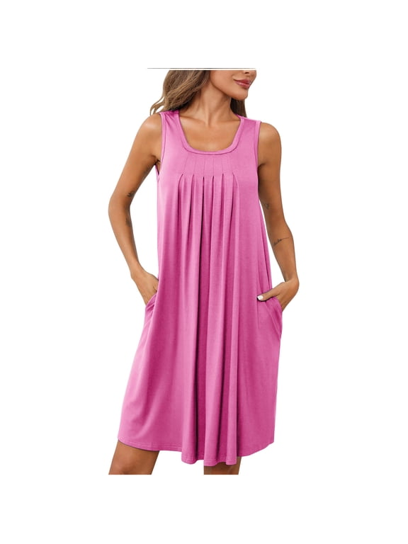 Summer Dresses For Women Casual Tank Dress Sleeveless Knee Length Pleated Front Crew Neck Sun Dresses Nightgown With Pockets Sleep Sleepwear Nightshirt