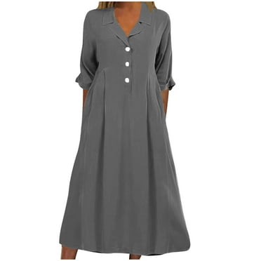 Npasoilc Summer Dresses for Women 2024 Elbow Length Sleeve Button Down V-Neck Turndown Collar High Waist Ruffled Flowy Hem Dress Solid Color Casual Loose Dresses