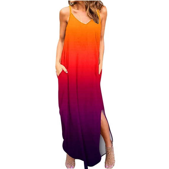 Npasoilc Summer Dresses For Women 2024 Long Dress Sleeveless Casual Loose V-Neck Strappy Split Beach Dresses Cover Up Long Cami Maxi Dresses Sundress With Pockets