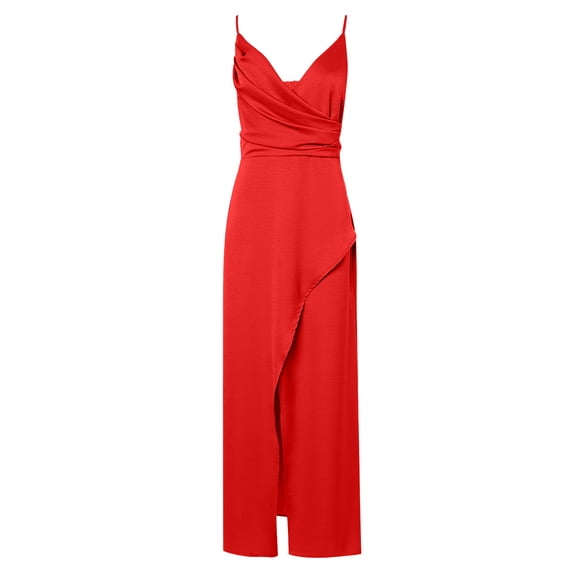 Npasoilc Summer Dresses for Women Sleeveless V Neck High Slit Corset Waist Pleated Back Hidden Zipper Midi Dress Solid Color Casual Long Cami Dress