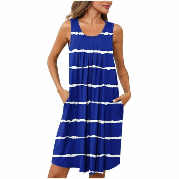 Npasoilc Summer Dresses for Women Casual Tank Dress Sleeveless Knee Length Nightdress Pleated Front Crew Neck Sun Dresses Nightgown with Pockets Sleepwear Nightshirt