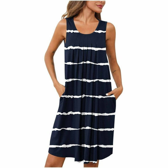 Npasoilc Summer Dresses for Women Casual Tank Dress Sleeveless Knee Length Nightdress Pleated Front Crew Neck Sun Dresses Nightgown with Pockets Sleepwear Nightshirt