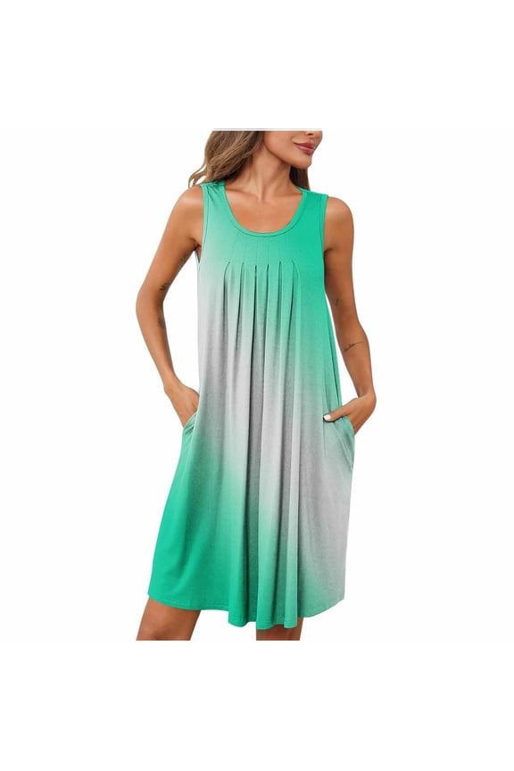 Summer Dresses for Women Casual Tank Dress Sleeveless Knee Length Nightdress Pleated Front Crew Neck Sun Dresses Nightgown with Pockets Sleepwear Nightshirt