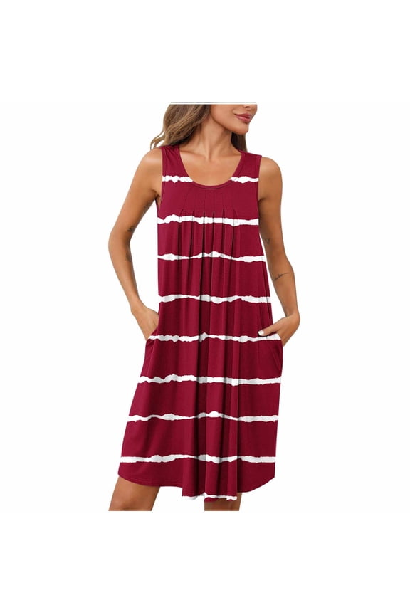 Summer Dresses for Women Casual Tank Dress Sleeveless Knee Length Nightdress Pleated Front Crew Neck Sun Dresses Nightgown with Pockets Sleepwear Nightshirt