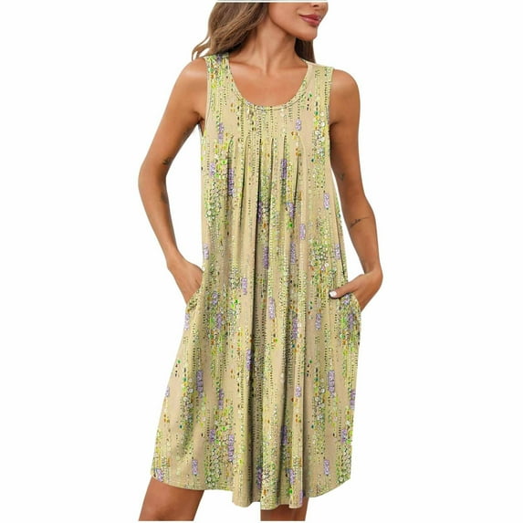 Npasoilc Summer Dresses for Women Casual Tank Dress Sleeveless Knee Length Nightdress Pleated Front Crew Neck Sun Dresses Nightgown with Pockets Sleepwear Nightshirt